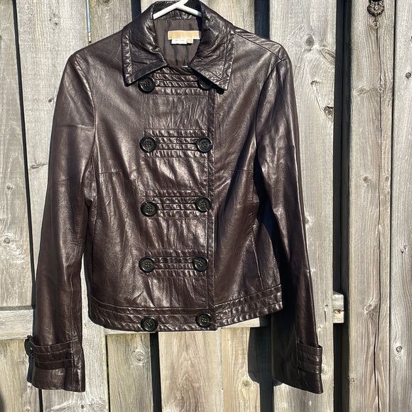 Michael Kors brown leather double breasted jacket size 8 - Picture 7 of 16